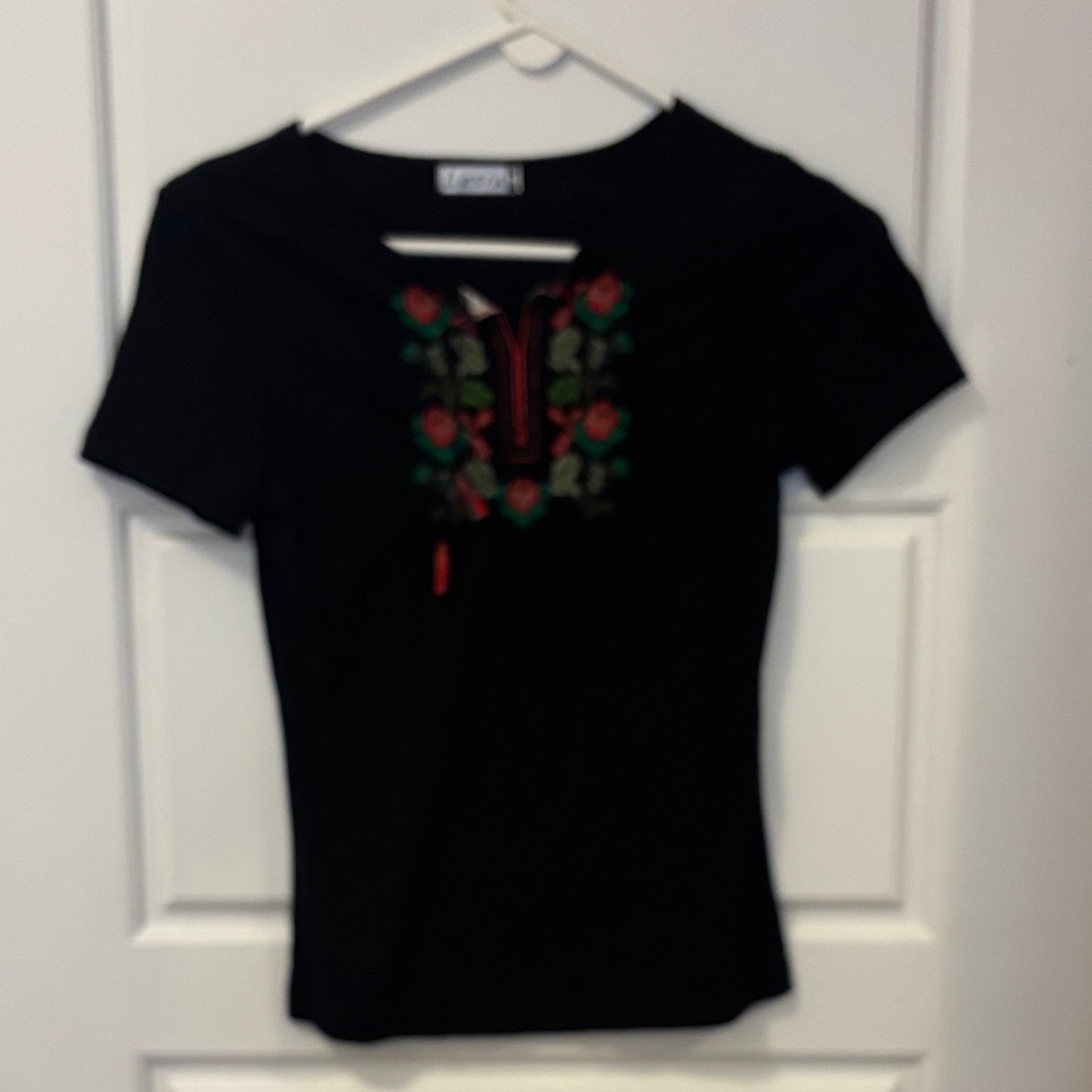 Floral Embroidered Black Tee